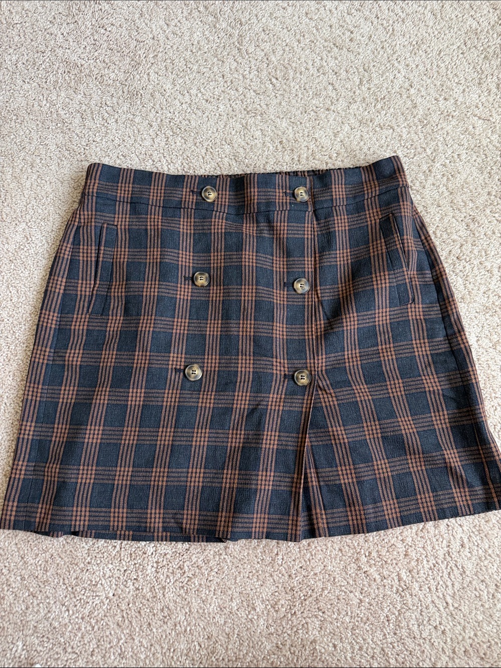 Madewell Double-Button Plaid Mini Skirt in Brown and Navy